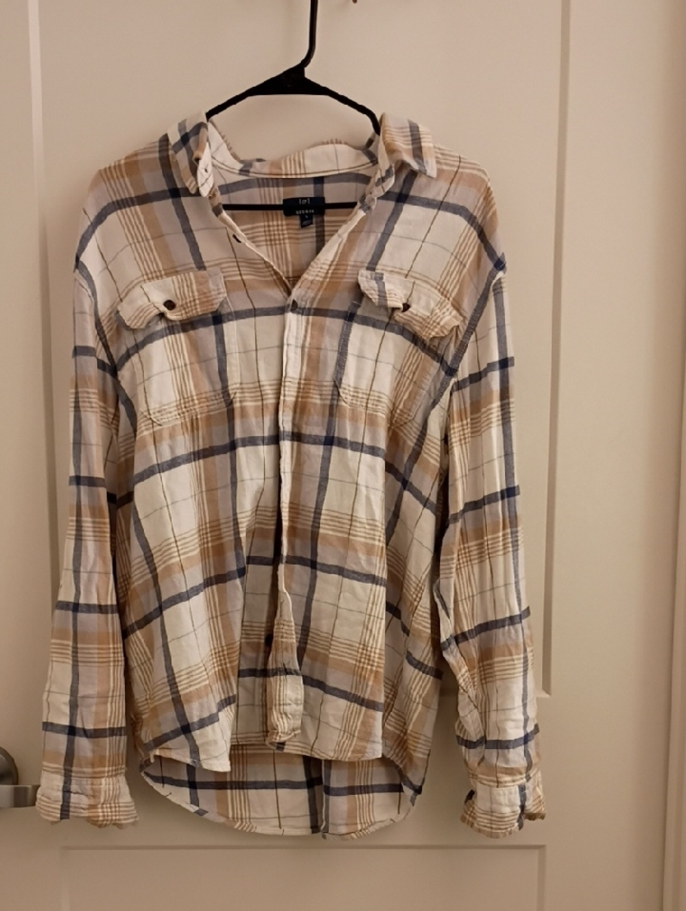 LOFT Cream Plaid Button-Down with Tan & Navy Stripes